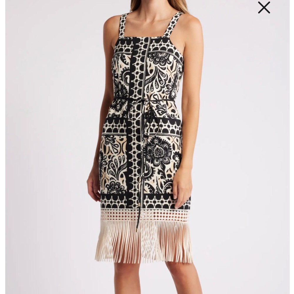 Tahari ASL Black and Cream Patterned Midi Dress